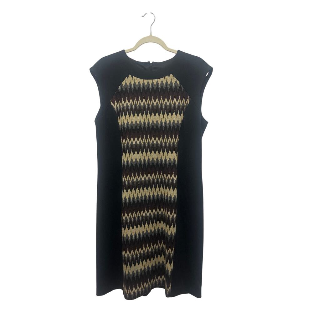 Nine West Fall Office Work Black Stretch Zipper Geometric Print Sheath Dress 14